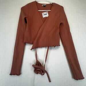 American Eagle Women's‎ Cropped Wrap Sweater Top Size M, Long Sleeve Ruffle Trim